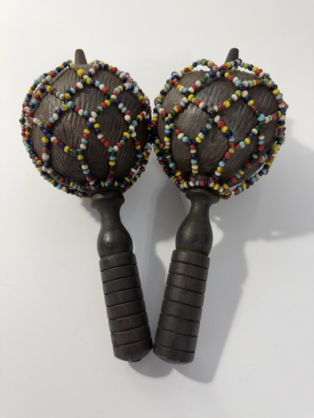 Pair Beaded Wood Maracas Lightweight Hand Percussion Brown Multicolor Beads